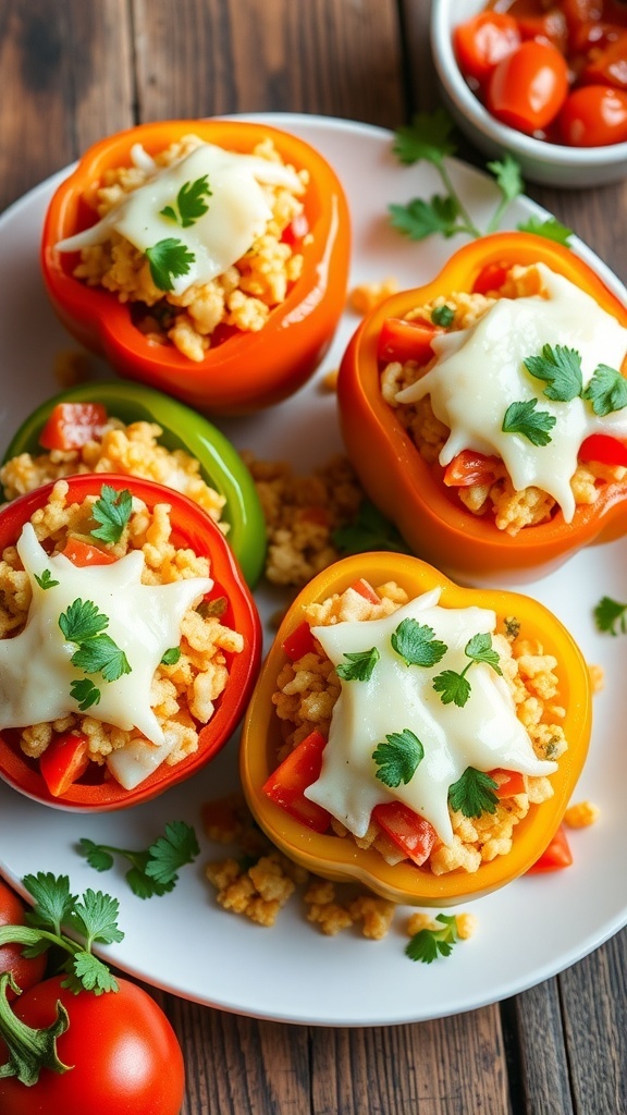 Stuffed bell peppers with cauliflower rice, tomatoes, and cheese on a wooden table, garnished with parsley.
